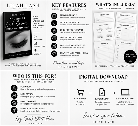 Lilah Lash Beginner Lash Business Workbook + Templates digital product cover