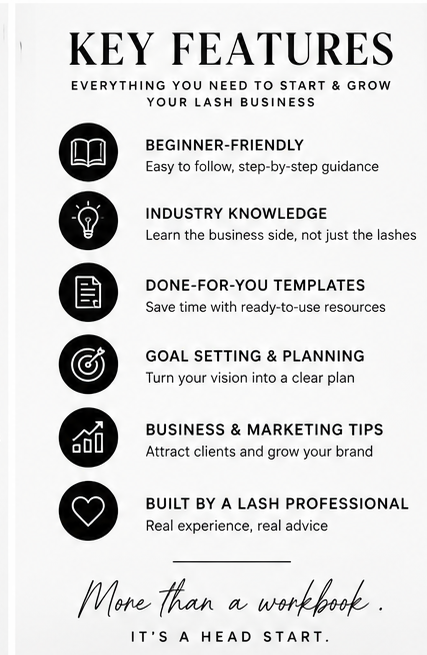 Key features of the Lilah Lash Beginner Lash Business Workbook