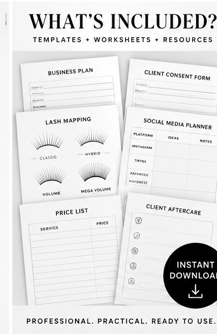 What's included in the Lilah Lash Beginner Lash Business Workbook and Templates